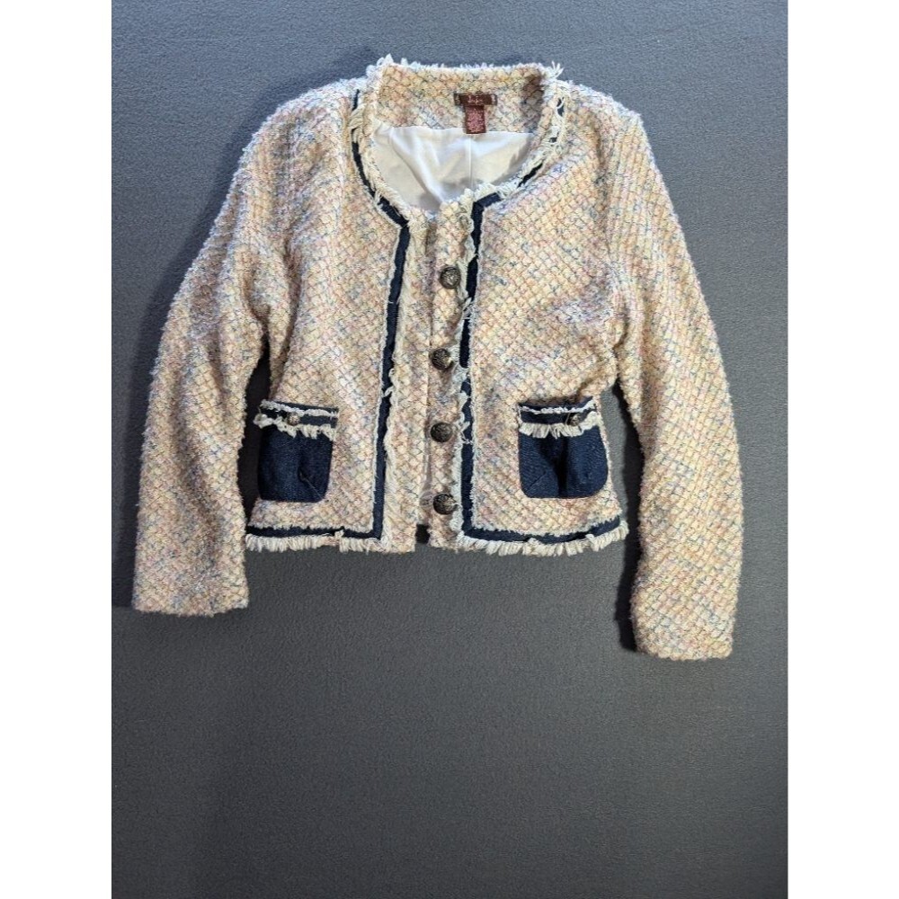 J&M Women's Cropped Tweed Bouclé Fringe Jacket Navy Trim Sz Large